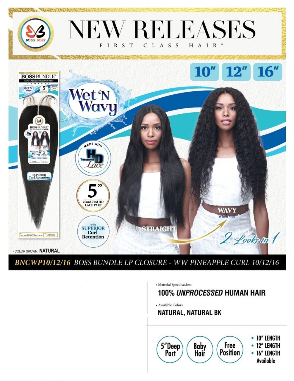 Bobbi Boss 100% Unprocessed Human Hair Wet&Wavy CLOSURE - PINEAPPLE CURL