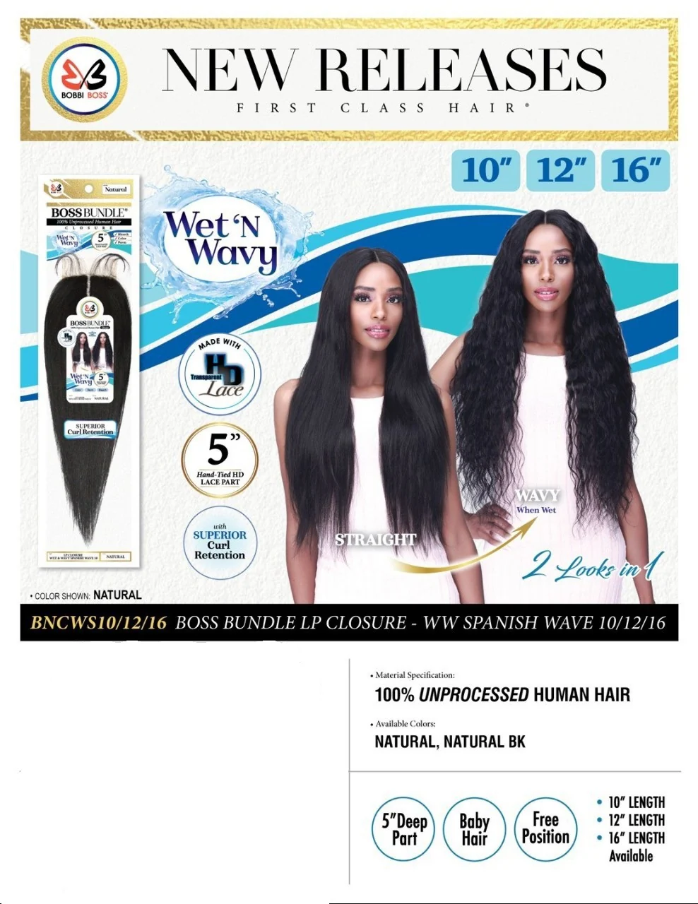 Bobbi Boss 100% Unprocessed Human Hair Wet&Wavy CLOSURE - SPANISH WAVE