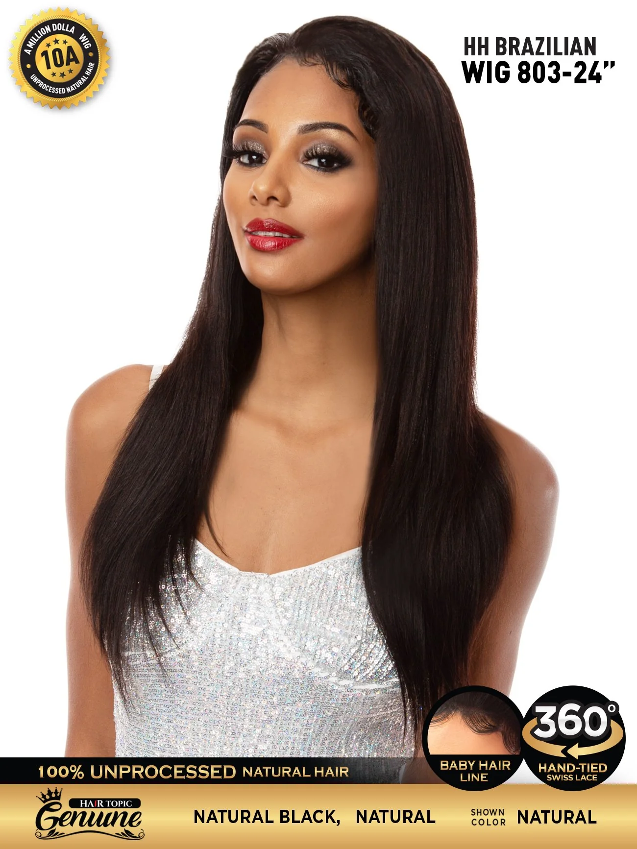 Hair Topic Genuine 10A HH Brazilian Lace 360 Wig 803-24" - Image 2
