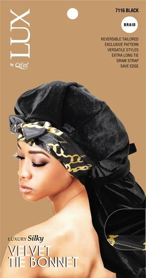 Lux by Qfitt Luxury Silky Velvet Tie Bonnet - Braid #7116 Black