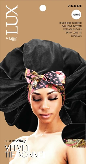 Lux by Qfitt Luxury Silky Velvet Tie Bonnet - Jumbo #7114 Black