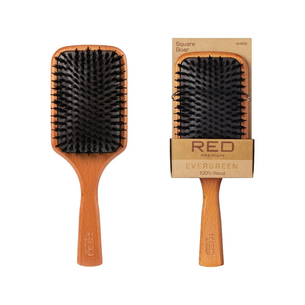 Red by Kiss Evergreen Wooden Square Boar Paddle Brush 100% Wood #HH202