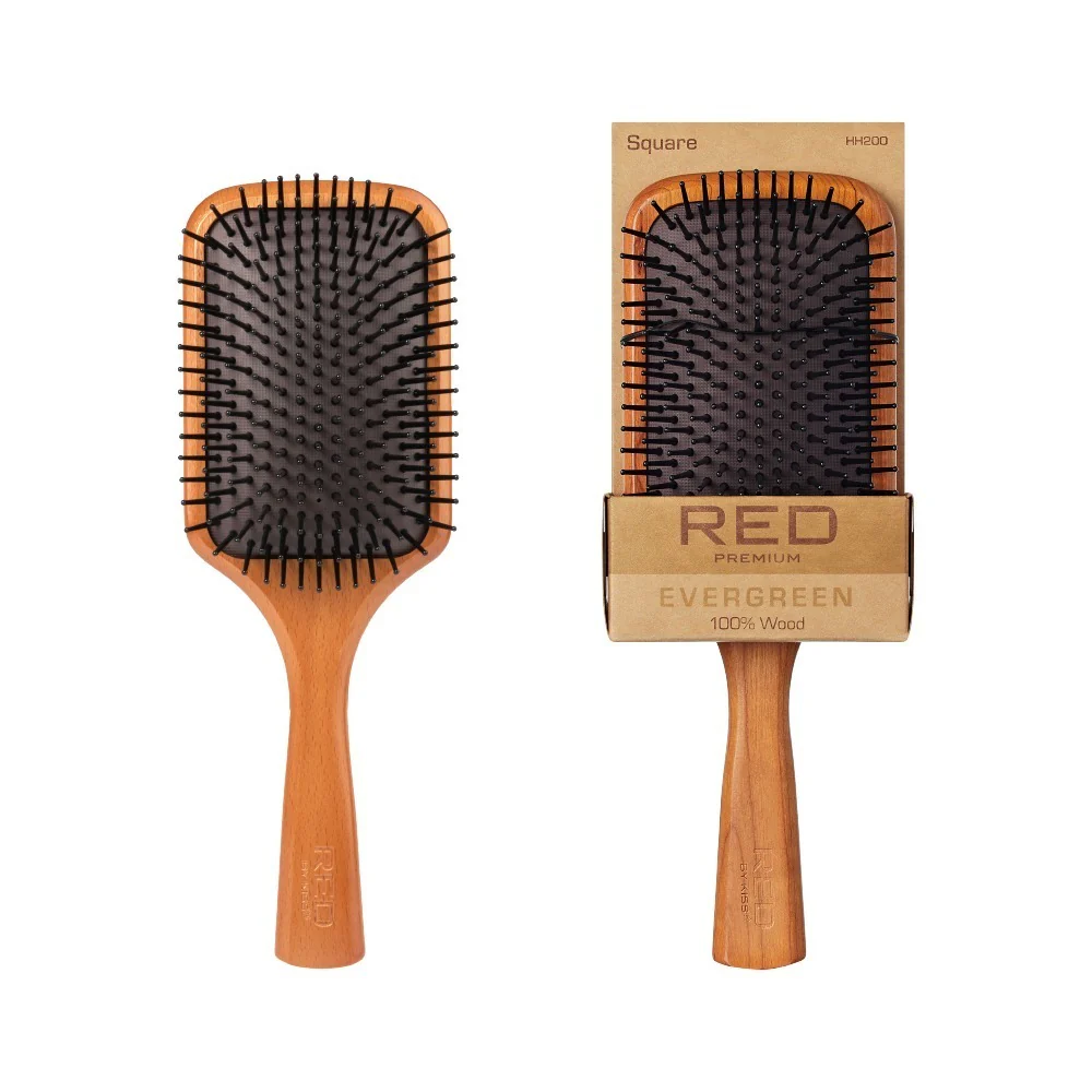 Red by Kiss Evergreen Wooden Square Paddle Brush 100% Wood #HH200
