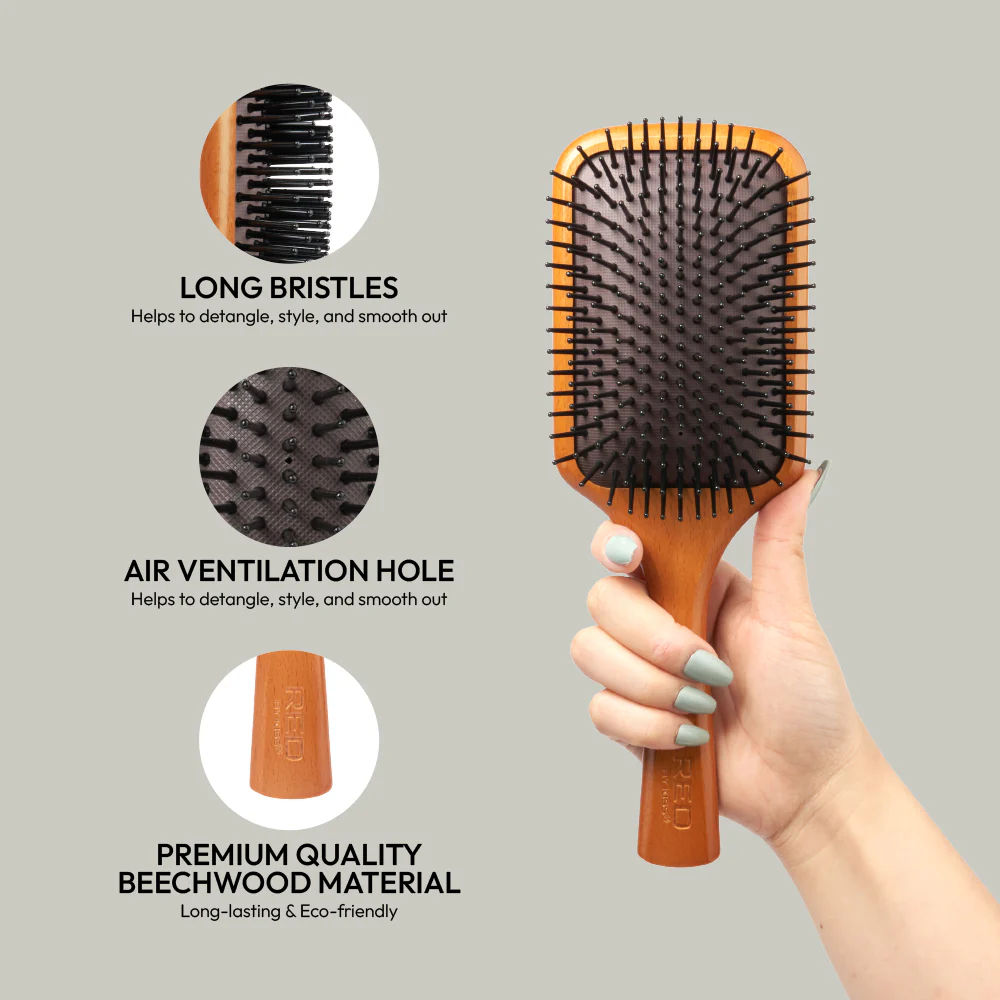 Red by Kiss Evergreen Wooden Square Paddle Brush 100% Wood #HH200 - Image 2